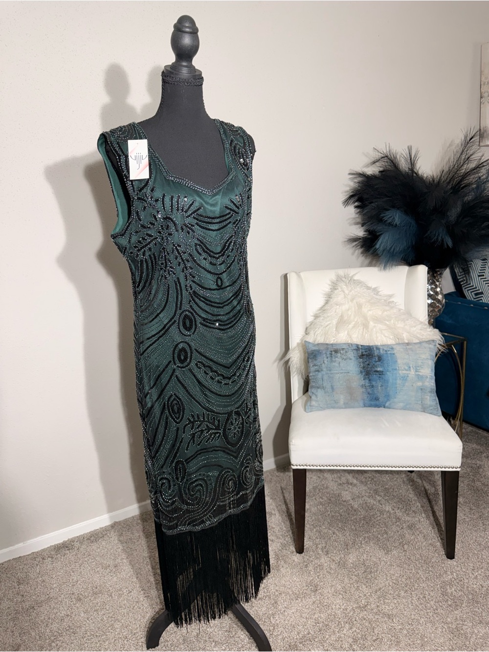Emerald Green 1920s Flapper Beaded Fringe Dress NWT